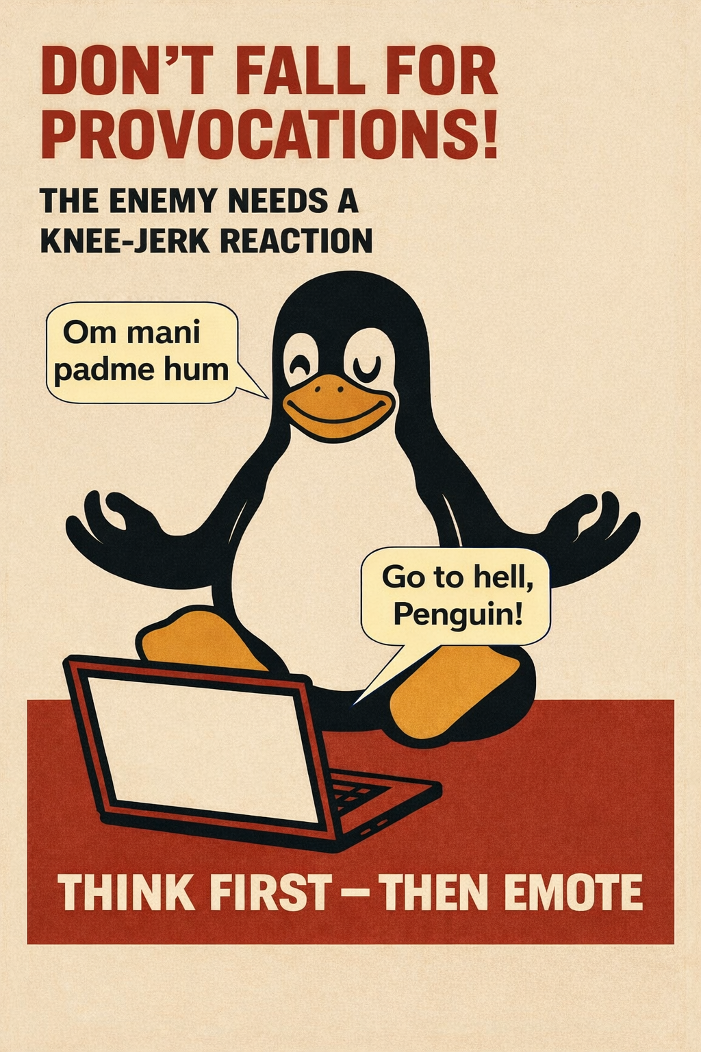 A troll provocateur tries to upset Tux the penguin, but Tux remains calm in meditation