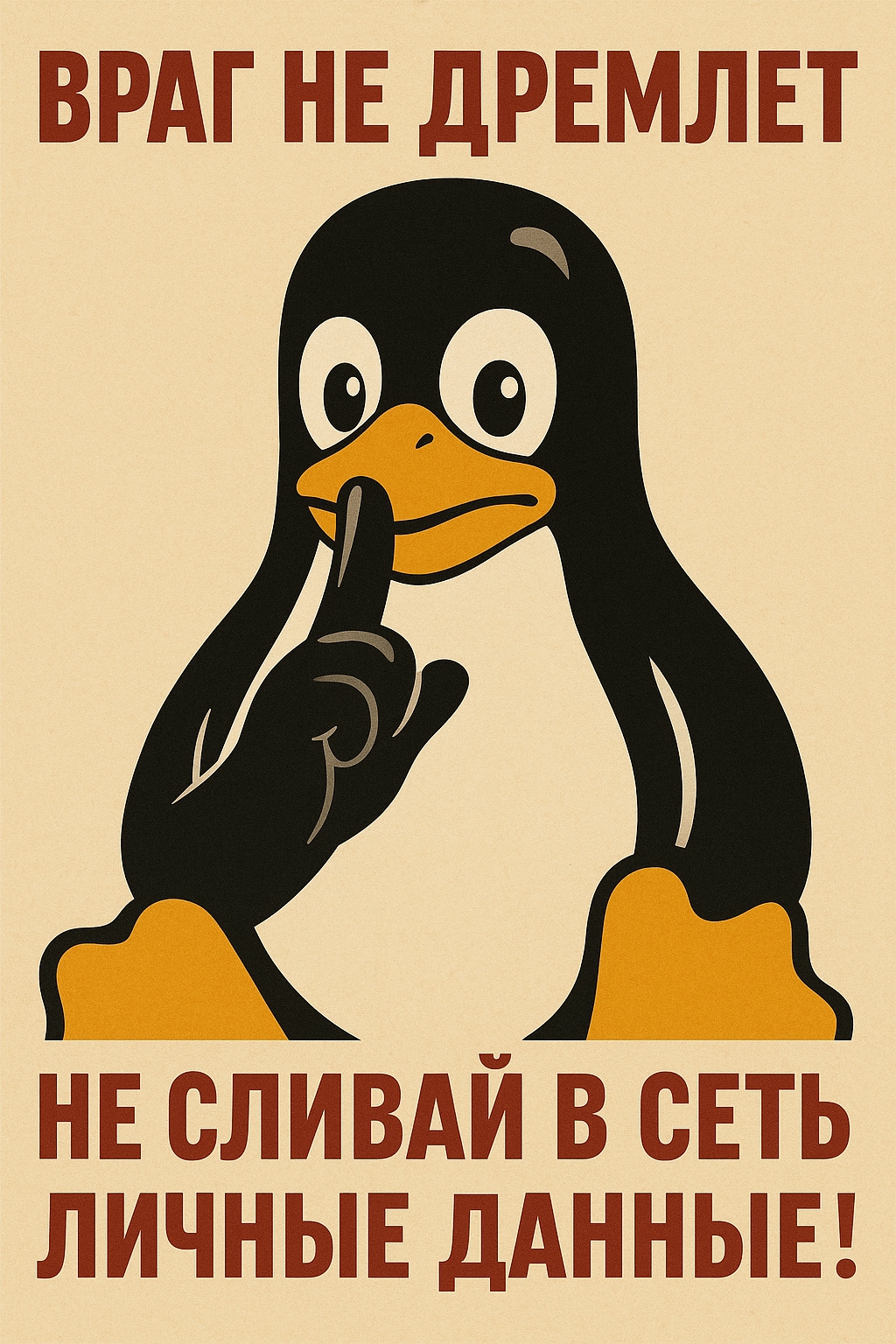 Пингвин Tux прикладывает палец к губам, призывая не сливать личные данные в интернет