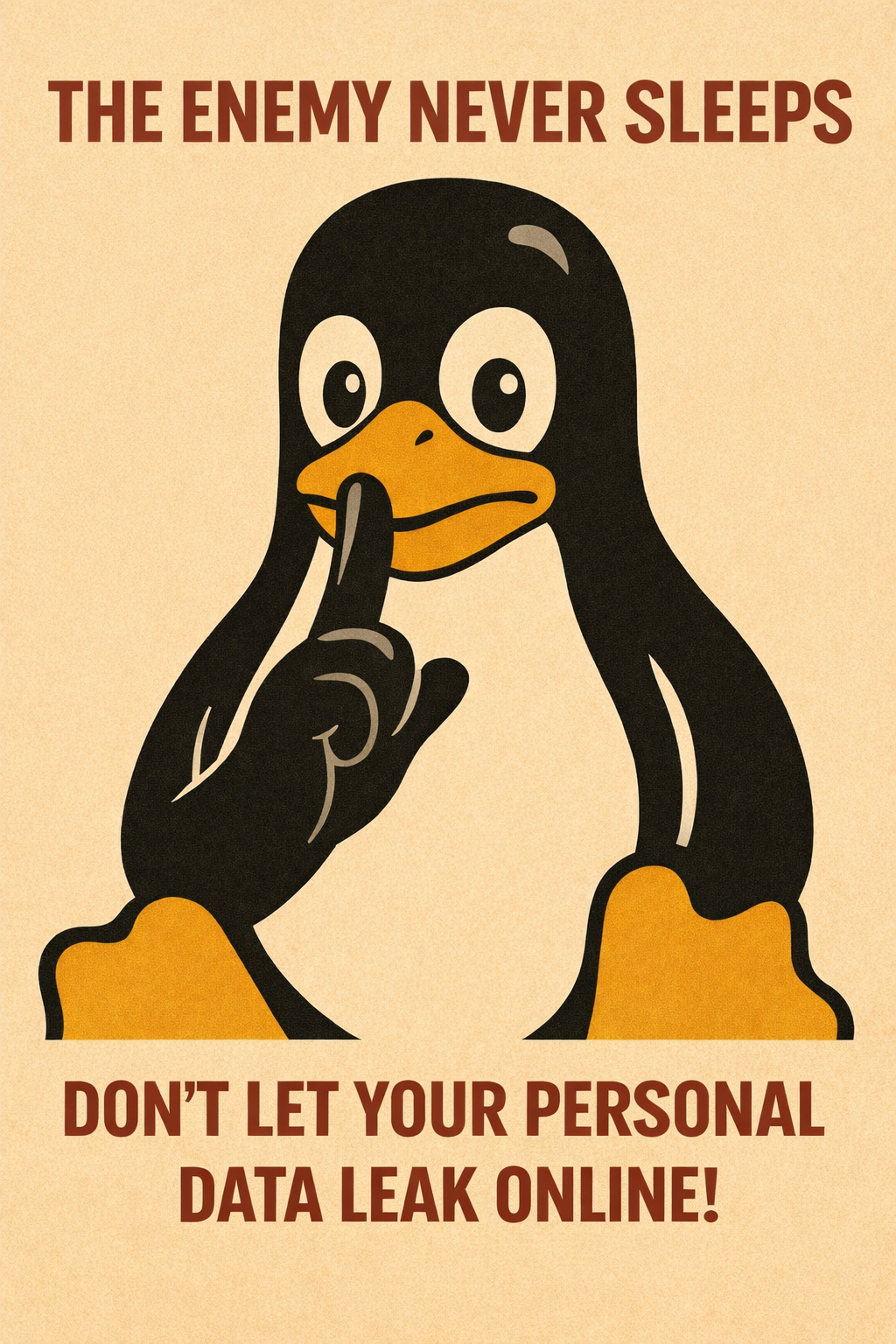 Tux the penguin puts a finger to his lips, urging not to leak personal data online