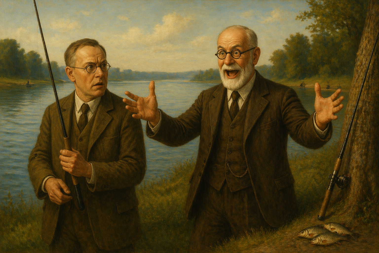 Cartoon: Freud joyfully waves his hands: 'I caught a fish that big!' Jung looks in surprise at three small crucian carp near the fishing rod.
