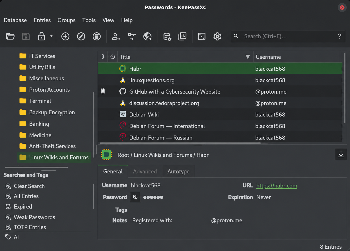 KeePassXC main window with passwords organized into groups and subgroups