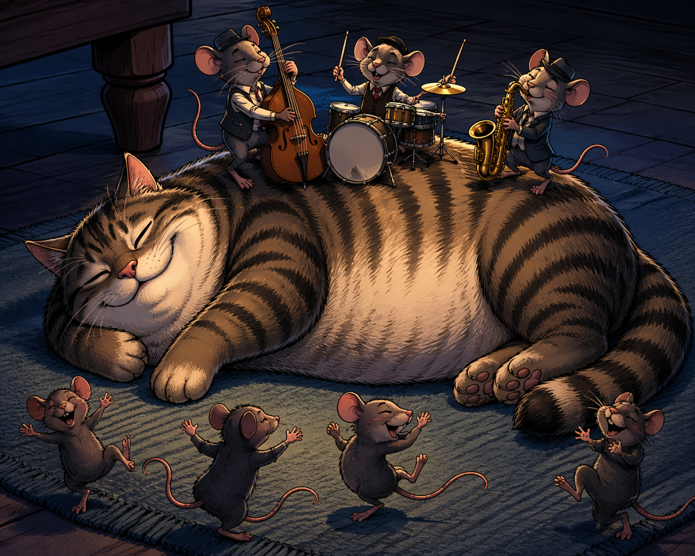 Cartoon: a fat striped cat sleeps on a rug, while on its back three mice play jazz on double bass, saxophone and drums, other mice dance around