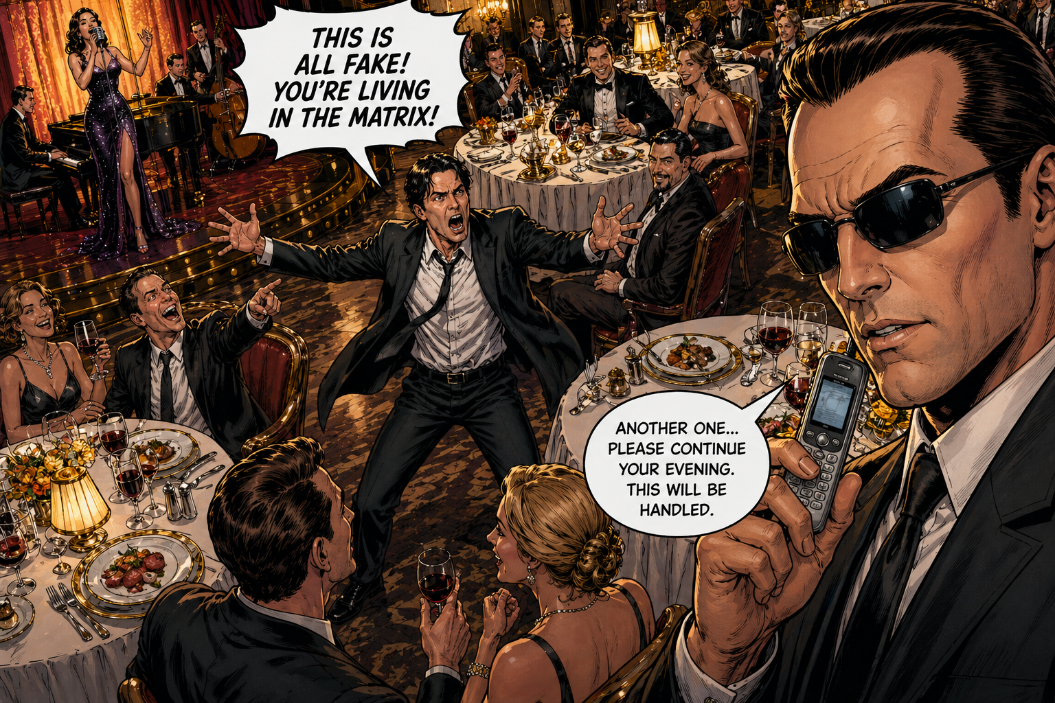 Neo bursts into a luxurious restaurant and shouts that everything around is an illusion. Diners look at him with bewilderment and mockery. Agent Smith picks up his phone and says: 'Another one... This will be handled.'