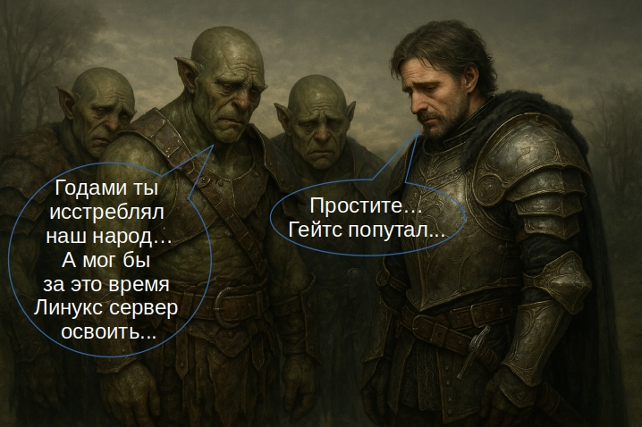 Орки укоряют рыцаря за годы, потраченные на войны вместо изучения Linux и системного администрирования