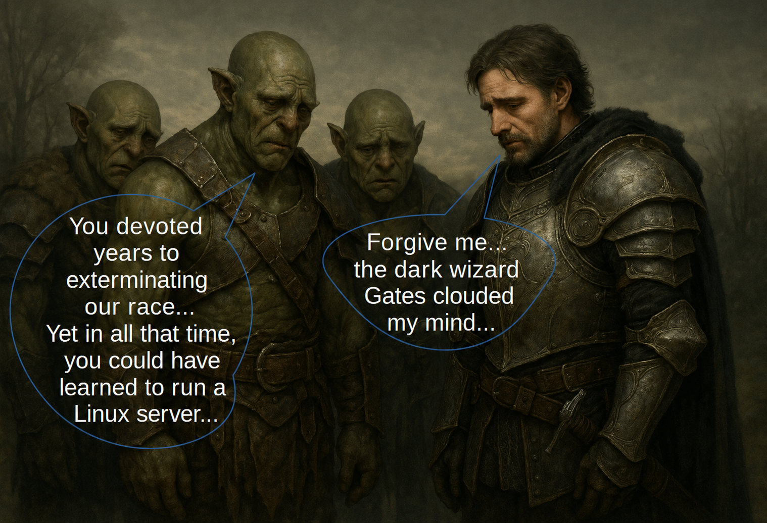 Orcs reproach a knight for spending years fighting wars instead of learning Linux server administration