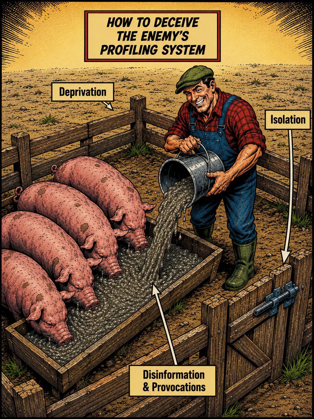 A farmer feeds pigs inside a pen. The fence is labeled 'Deprivation', the gate's metal latch is labeled 'Isolation', and the feed is labeled 'Disinformation & Provocations'.