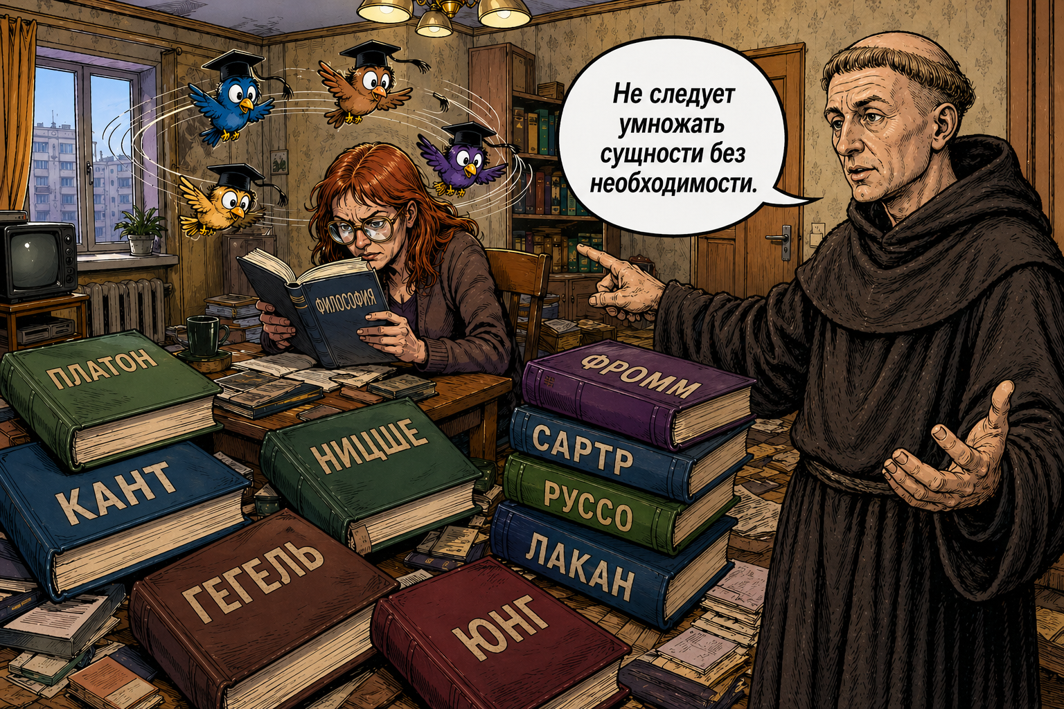 Преподаватель философии сидит перед огромной грудой книг. Оккам указывает на неё и произносит: Не следует умножать сущности без необходимости.