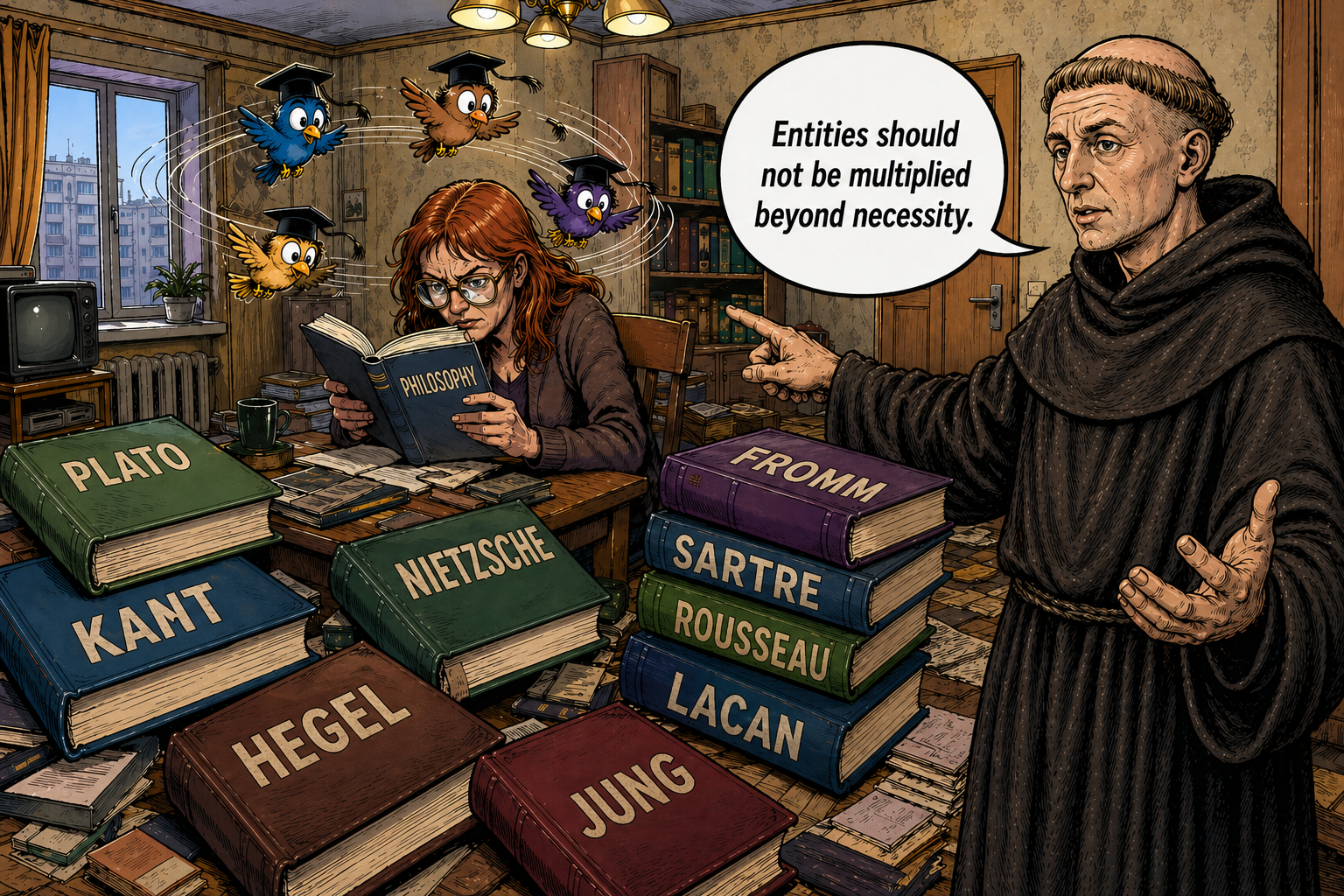 A philosophy professor sits before a huge pile of books. Occam points at her and says: Entities should not be multiplied beyond necessity.
