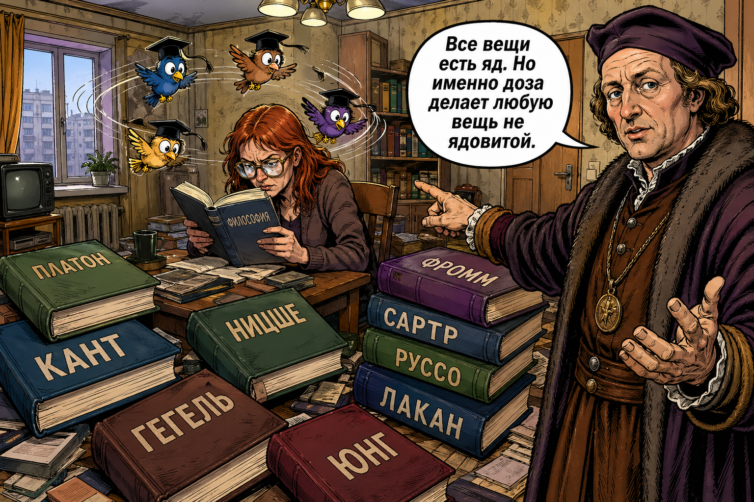 Преподаватель философии сидит перед огромной грудой книг. Парацельс указывает на неё и произносит: Все вещи есть яд, но доза делает вещь ядовитой или нет.
