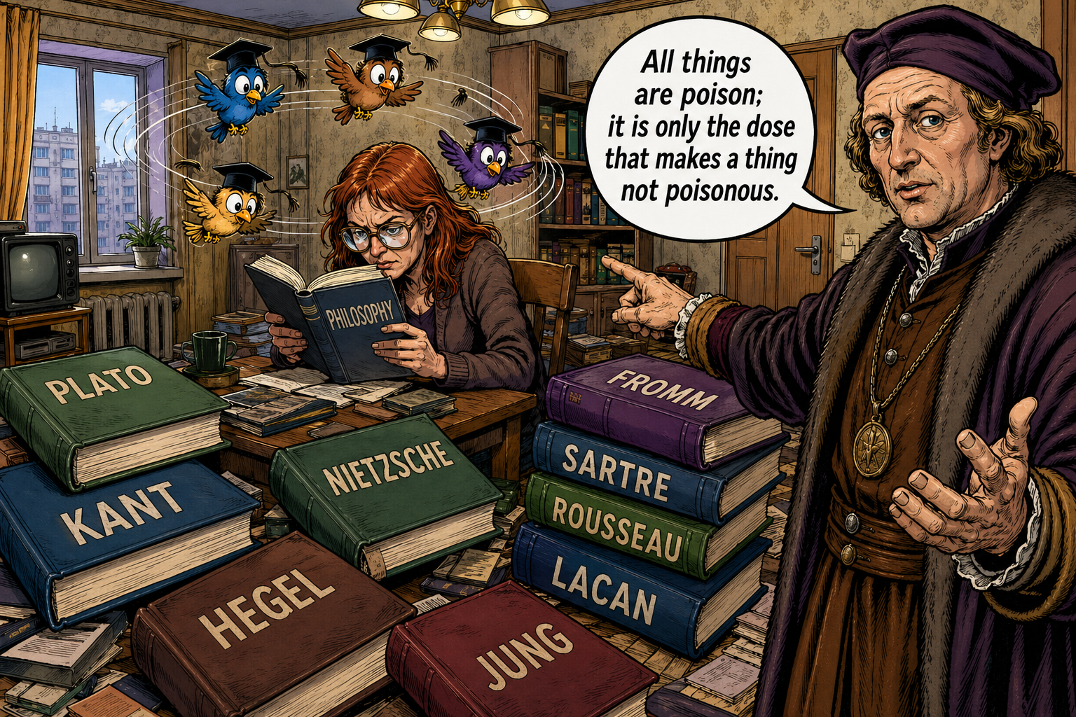 A philosophy professor sits before a huge pile of books. Paracelsus points at her and says: All things are poison, but the dose makes a thing poisonous or not.