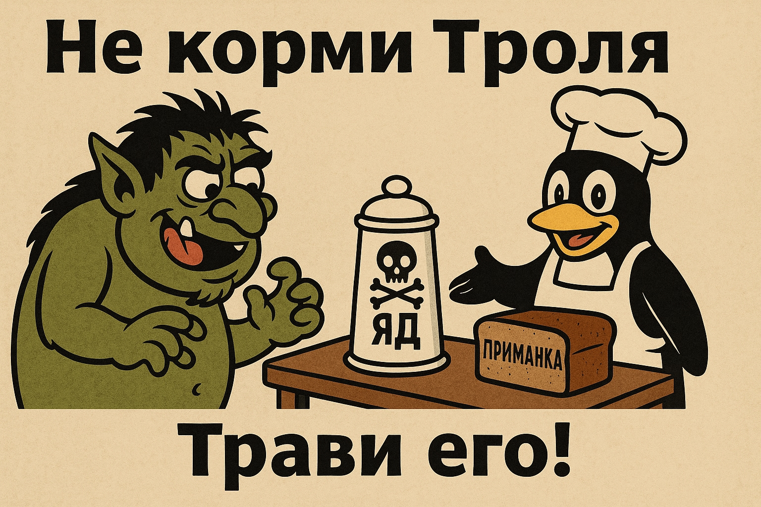 Тролль тянется к приманке, отравленной дезинформацией, которую ему подаёт персонаж в образе повара