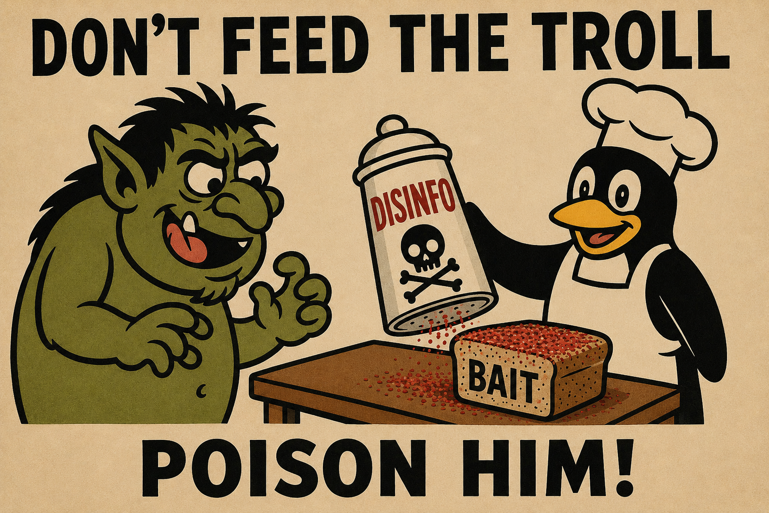 A troll reaching for bait poisoned with disinformation offered by a chef-like character