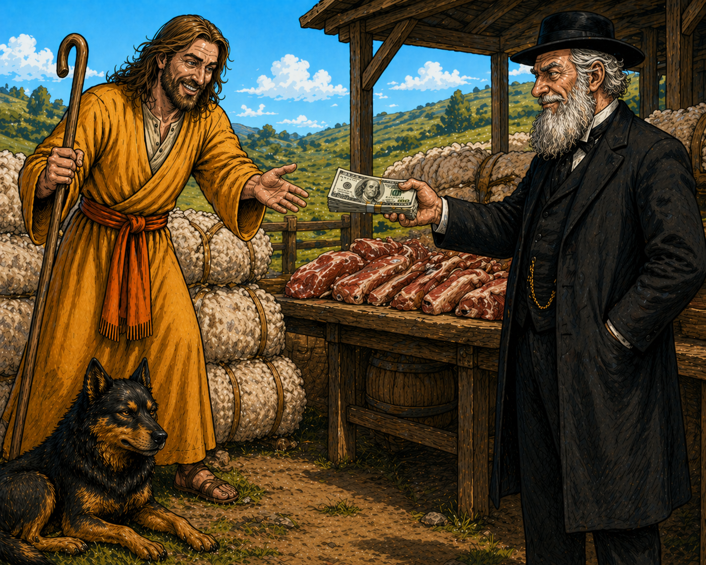 The shepherd, with a satisfied smile, sells meat and wool to a respectable buyer at the market. The shepherd's hand reaches for a stack of dollars handed over by the buyer.