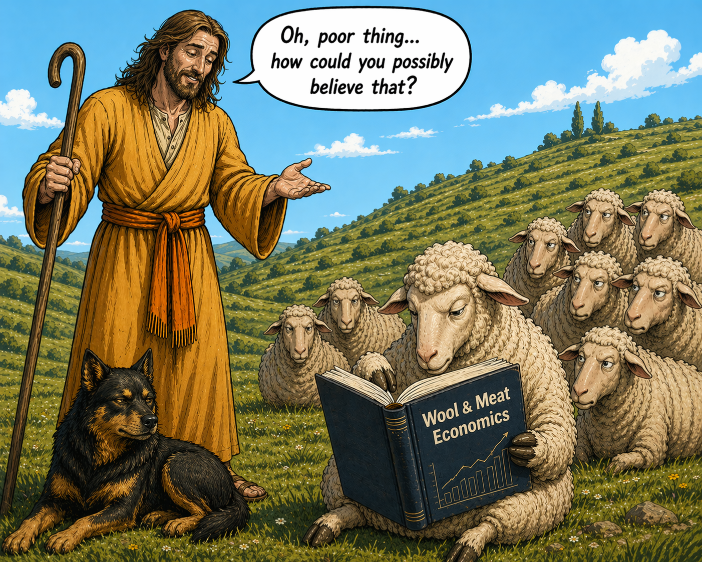 A flock of sheep. One of them is reading a book titled 'The Economics of Wool and Meat'. The shepherd, feigning kindness, says: Poor thing… how could you ever believe that?