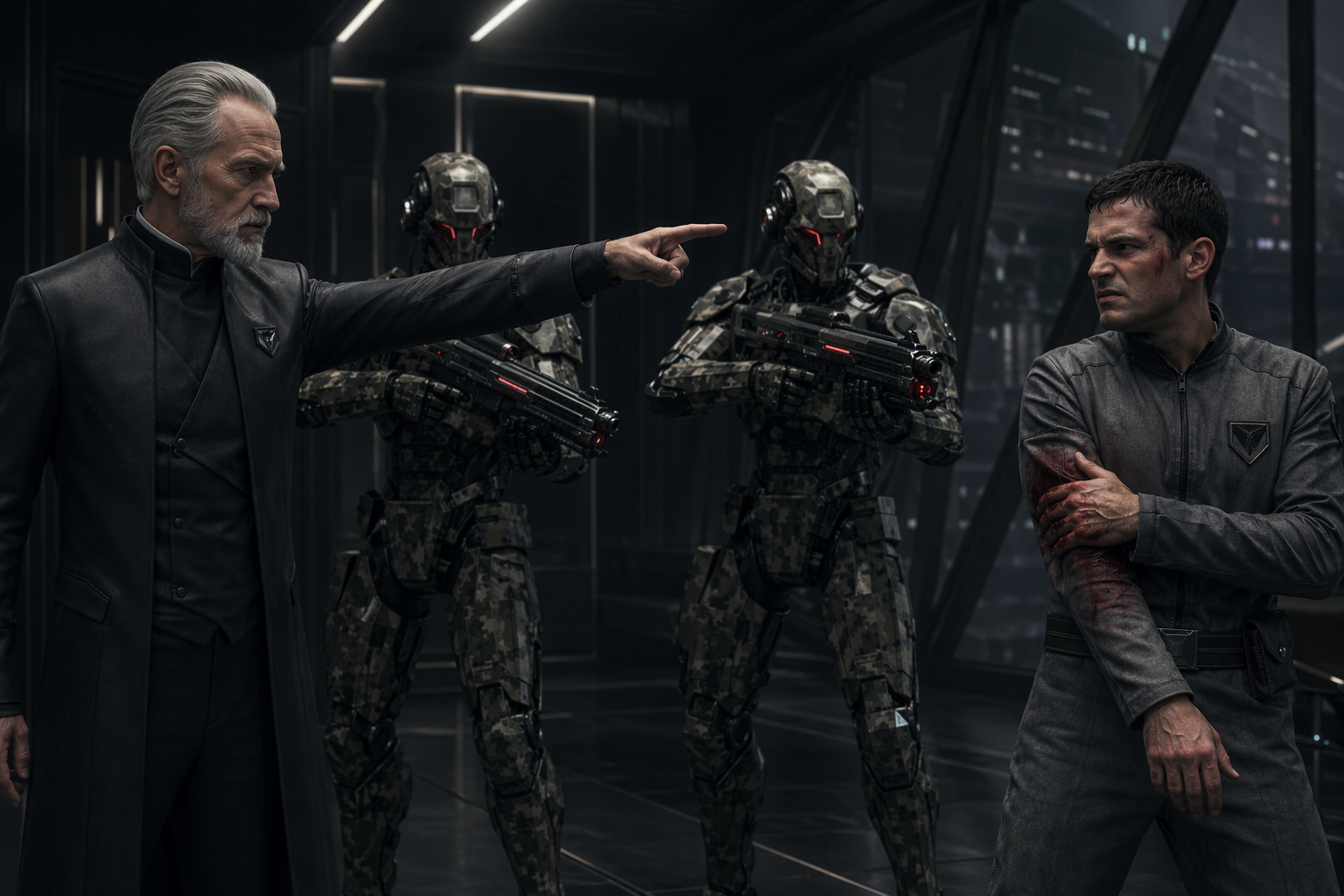 A cold-blooded official gestures towards a wounded rebel, while obedient combat drones aim their weapons