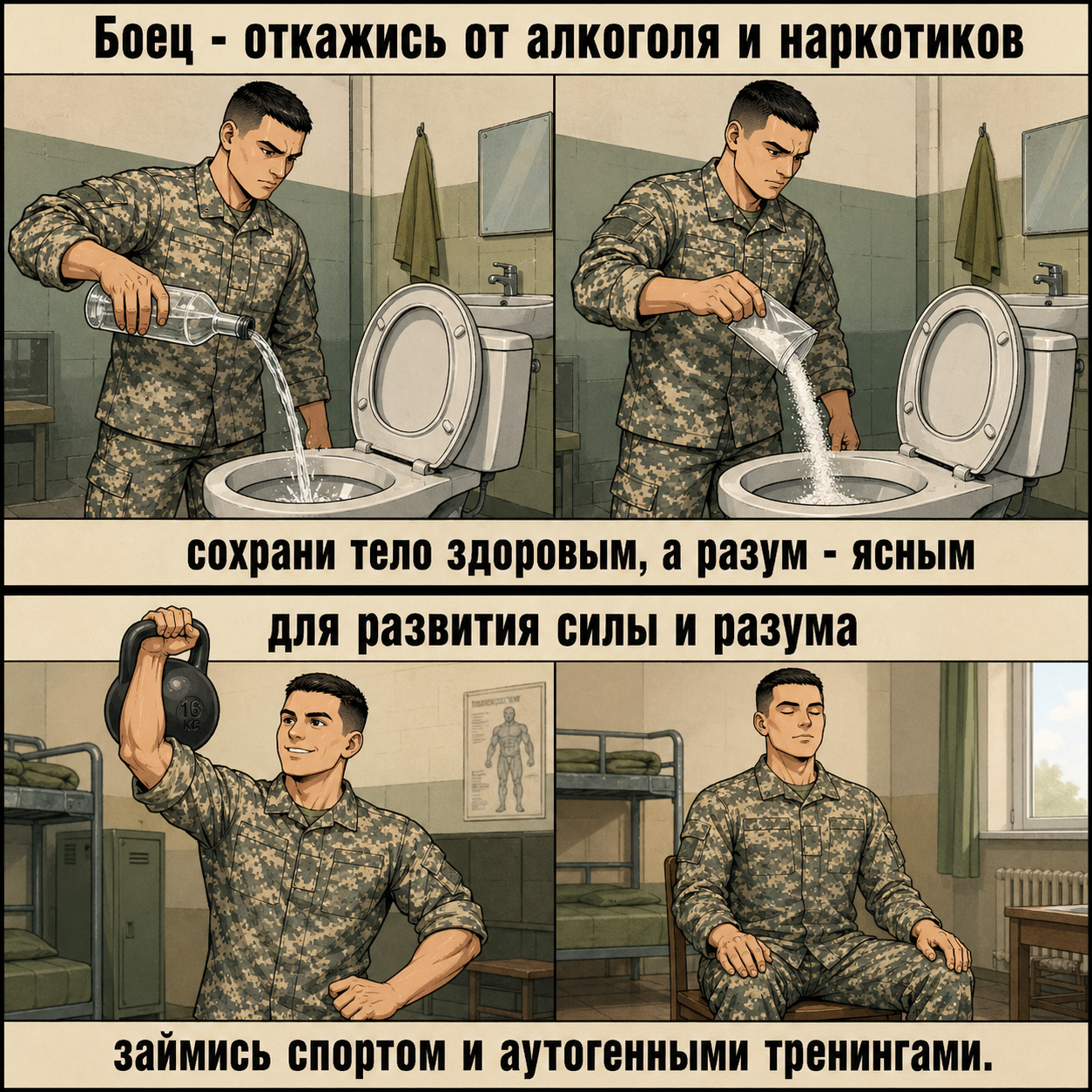 Солдат выливает алкоголь и высыпает наркотики в унитаз. Вместо этого он качается в спортзале и тренирует сознание.
