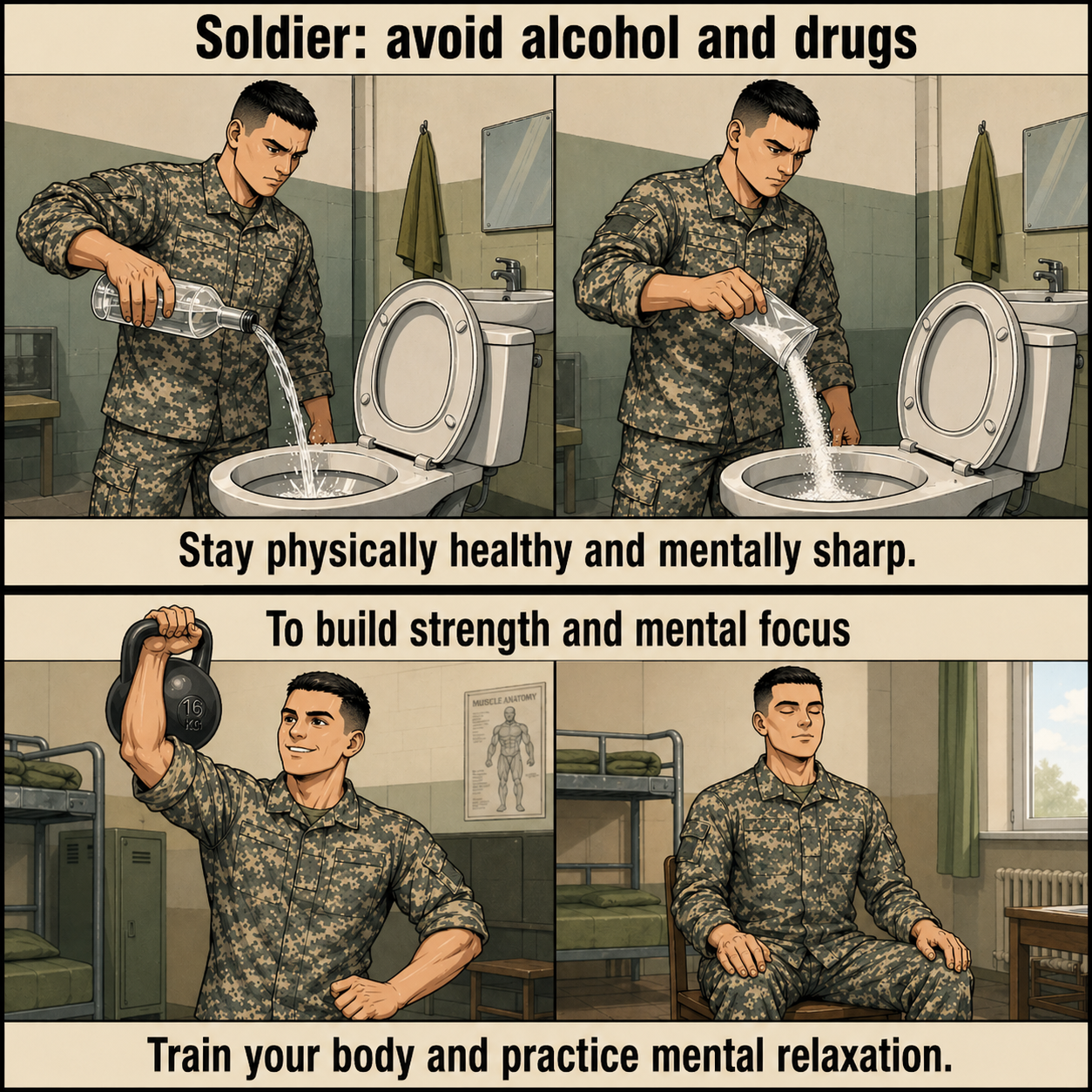 A soldier pours alcohol and drugs into the toilet. Instead, he works out in the gym and trains his mind.
