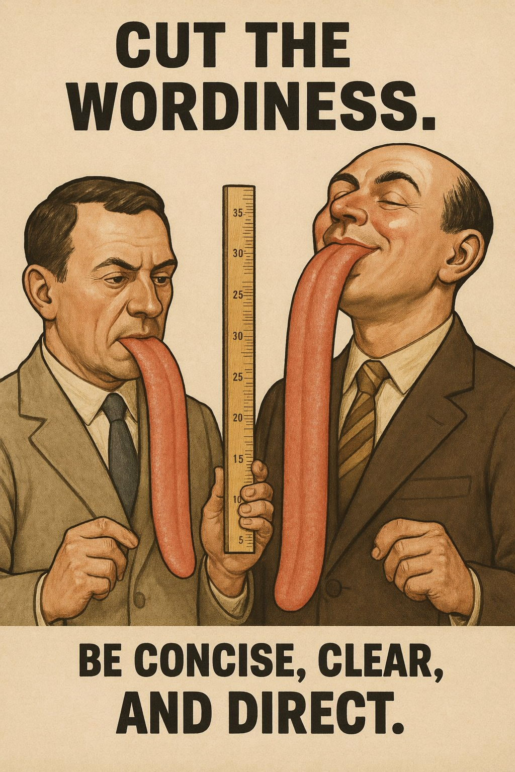 Two men with hypertrophically long tongues measure with a ruler whose tongue is longer. The one with the longer tongue stands with a proud look