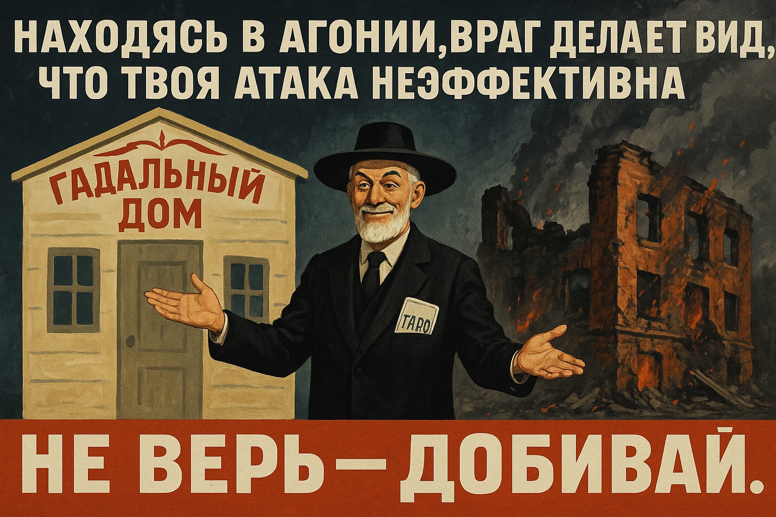 Манипулятор в центре: справа догорает настоящий дом, слева — плакат с целым домом, на который он указывает