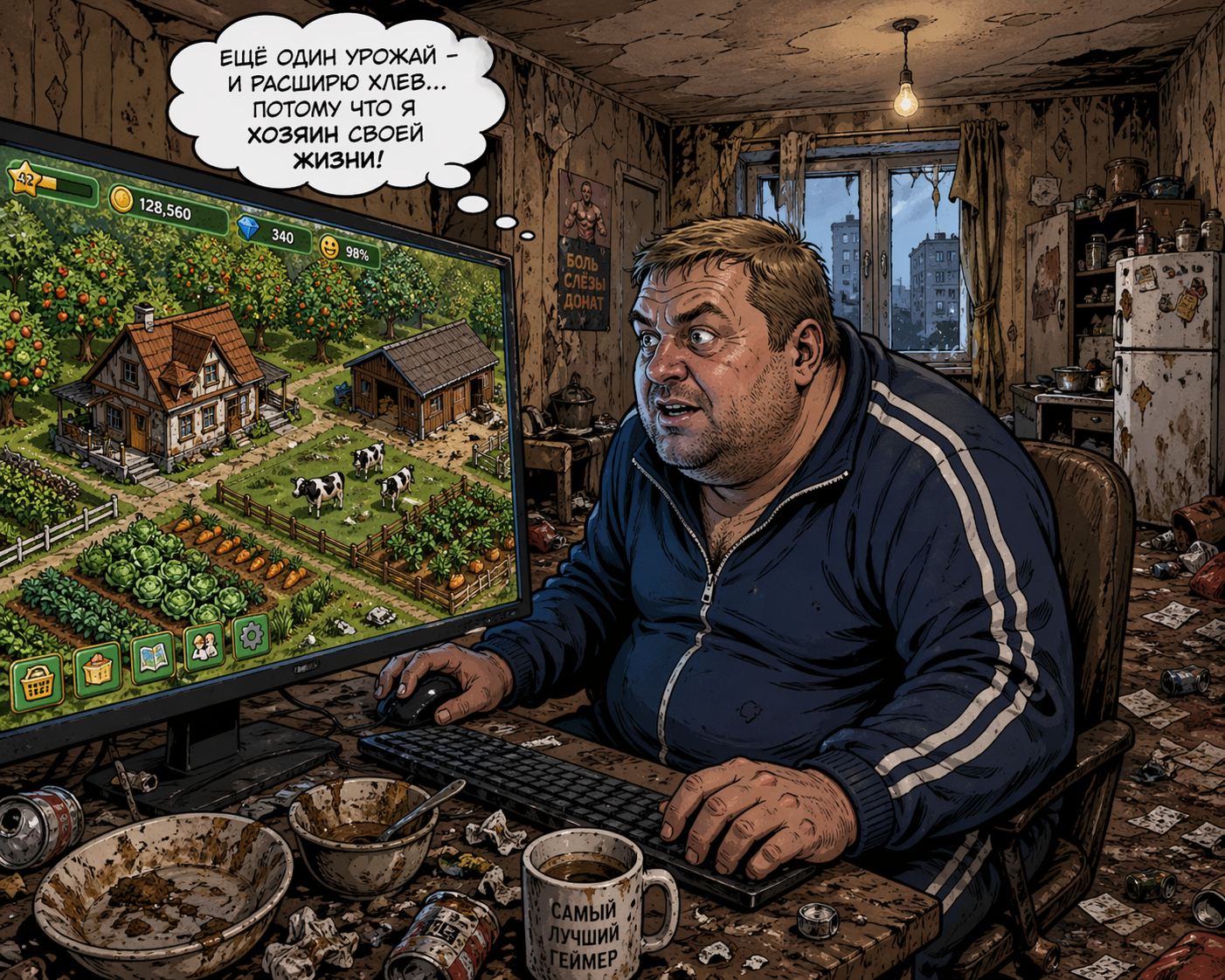 Комикс: мужчина в грязной комнате увлечённо играет в ферму на мониторе, где идеальный мир контрастирует с разрухой вокруг