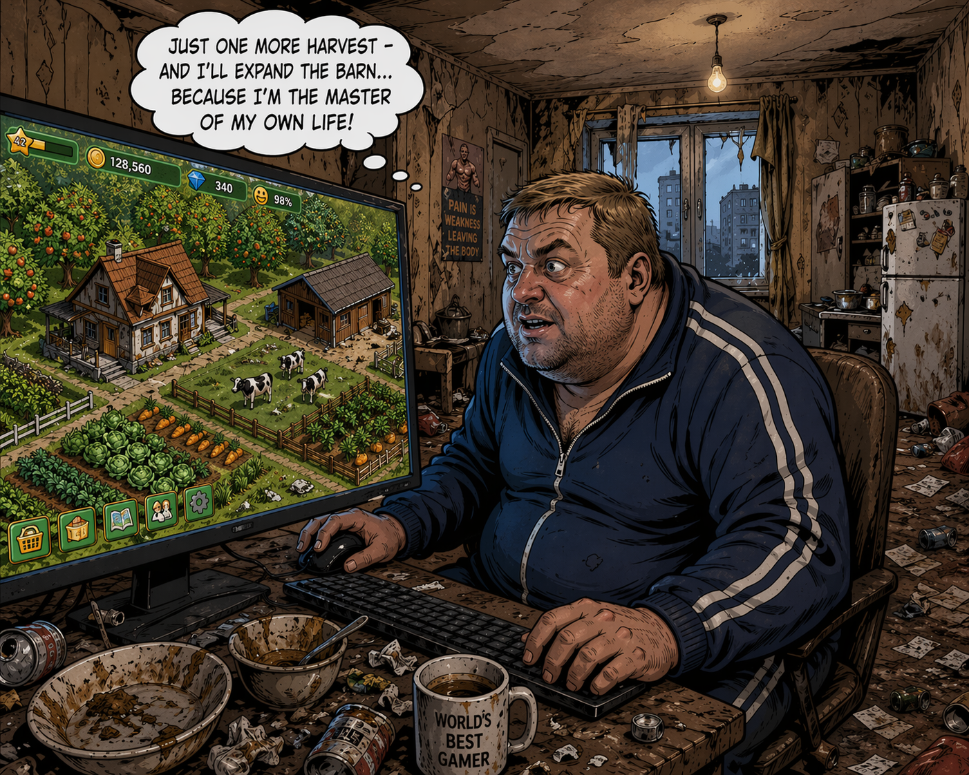 Comic: a man in a dirty room is engrossed in a farming game on his monitor, where an ideal world contrasts with the decay around him