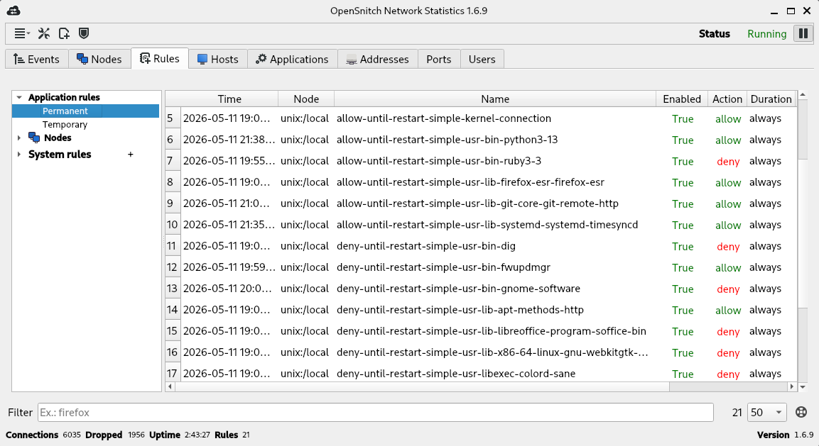 Скриншот интерфейса OpenSnitch: список правил с указанием процесса, IP-адреса и порта
