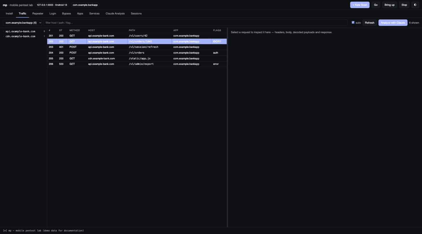 Demo: clicking a captured request auto-flags it as an IDOR candidate, then the Claude Analysis tab shows the same finding written up with severity
