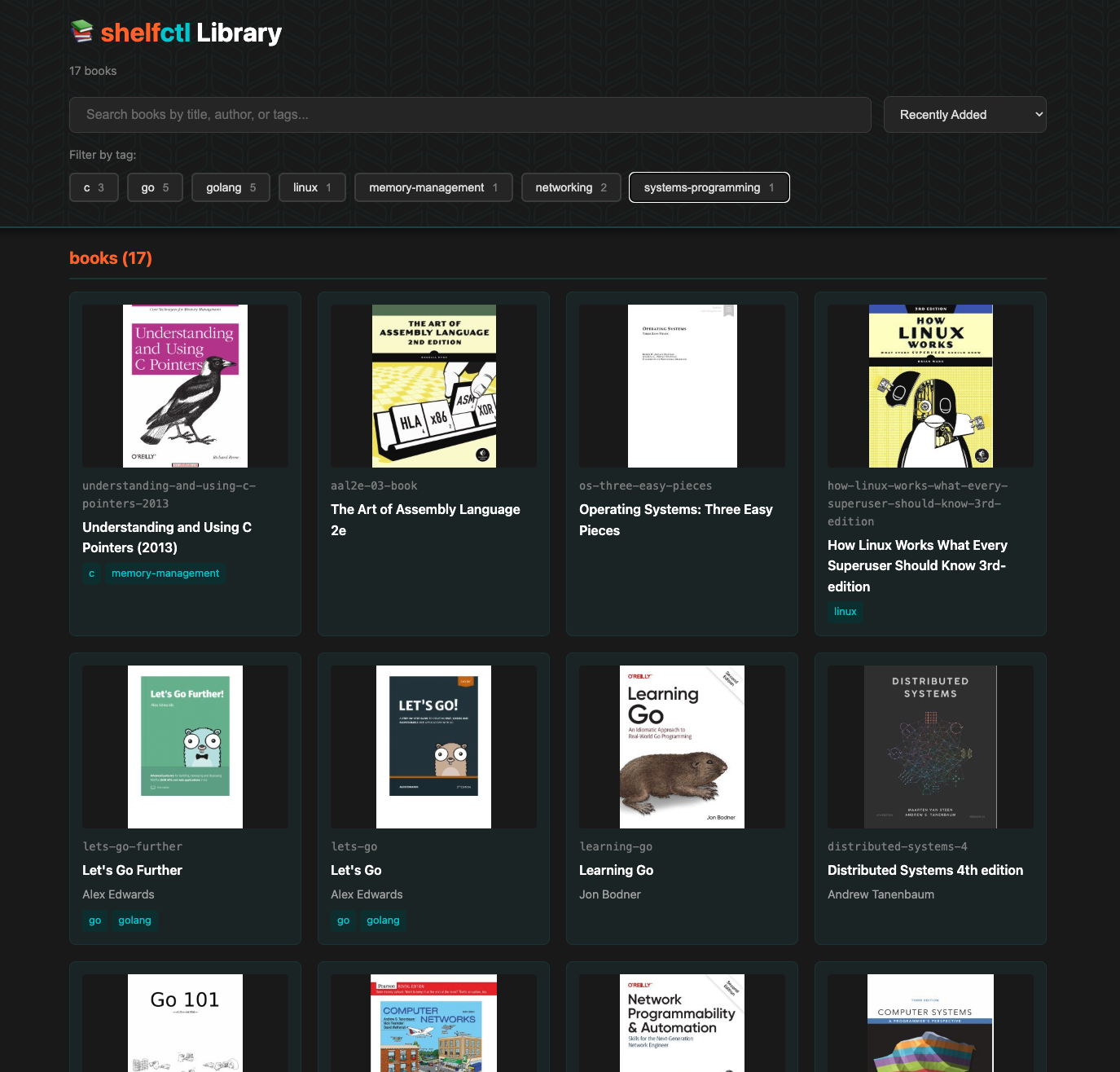 shelfctl HTML index with tag filters and book grid