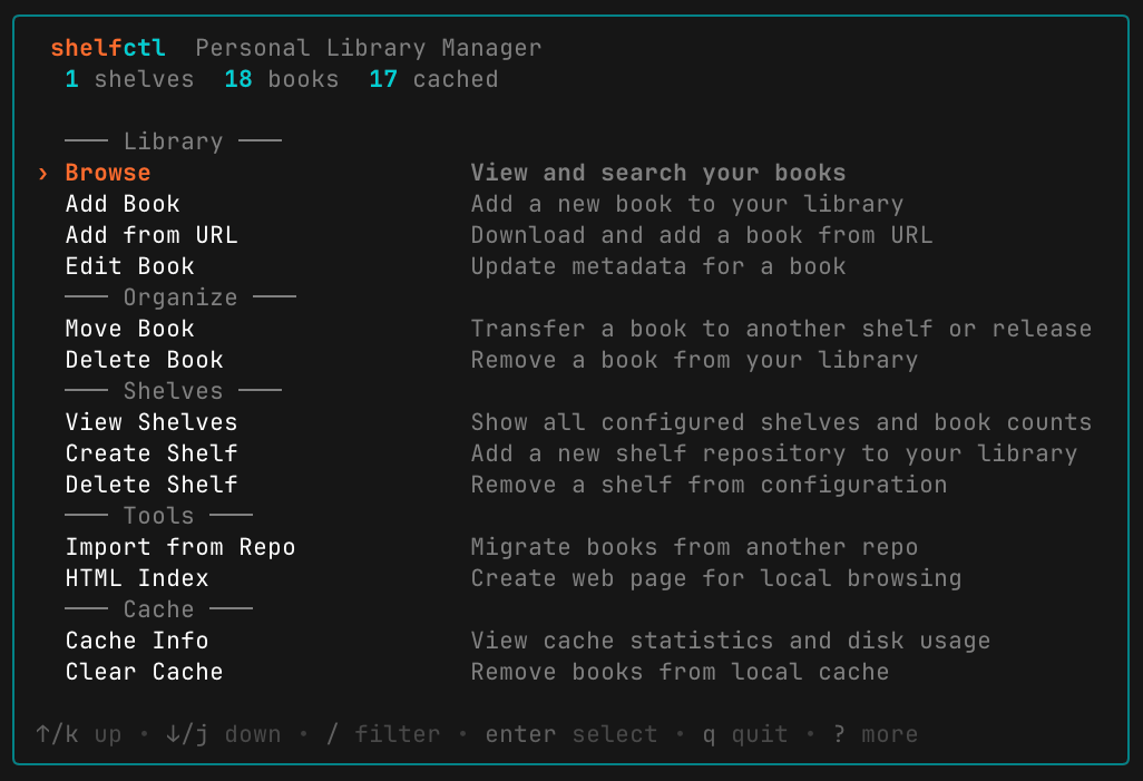 shelfctl interactive TUI hub menu