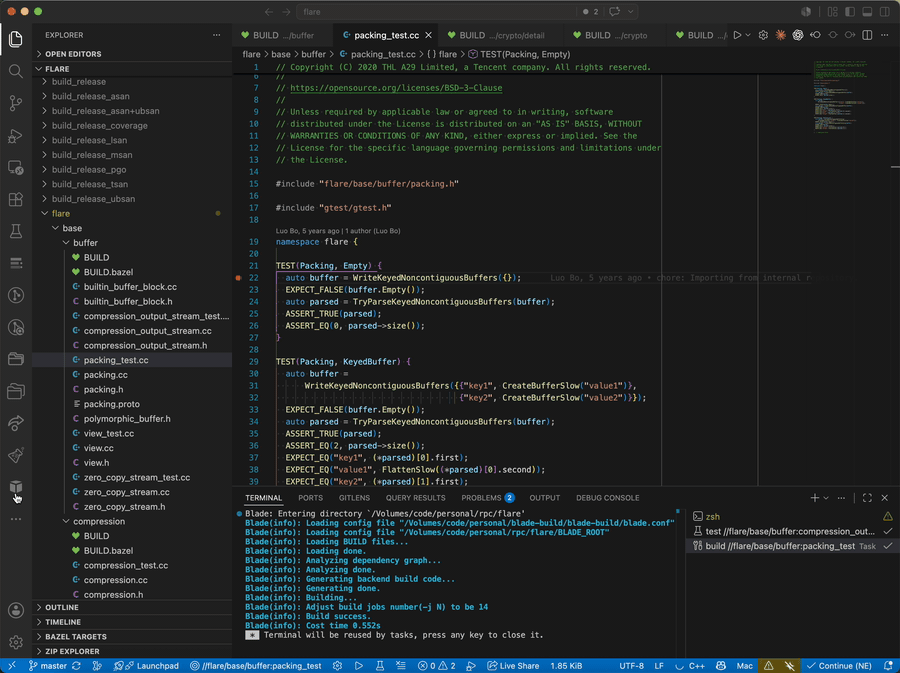 Blade for VS Code: navigating to targets and BUILD files, then building, testing, and debugging