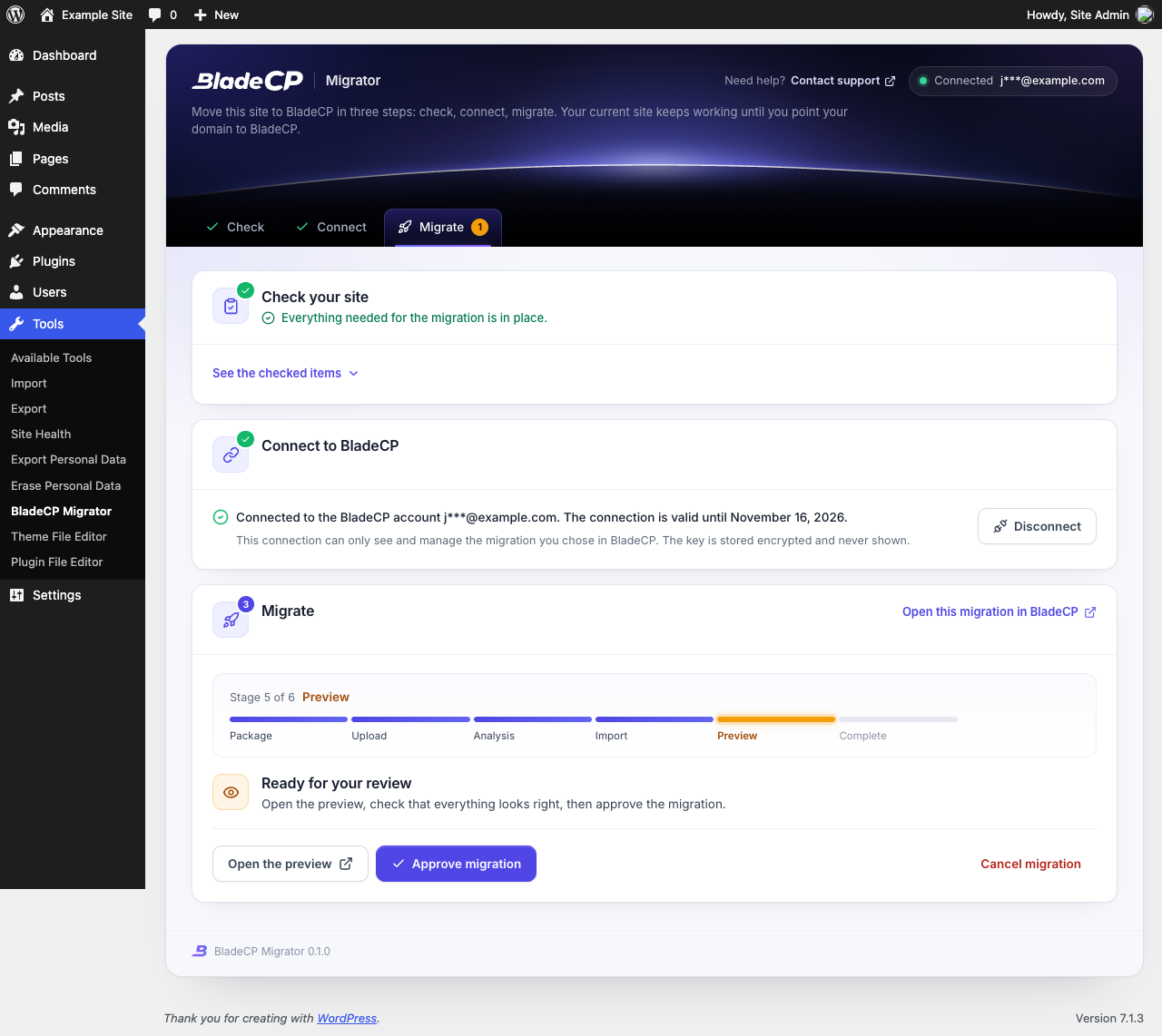 The review step with the preview and the approval, in English