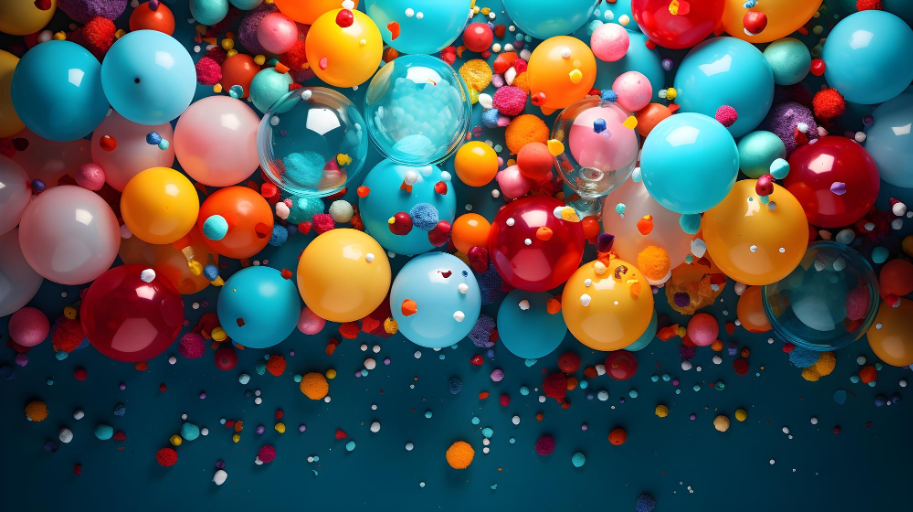 The Milestone image: lots of balloons and pom poms in shades of 4 teal, red, orange and pink on a dark teal background