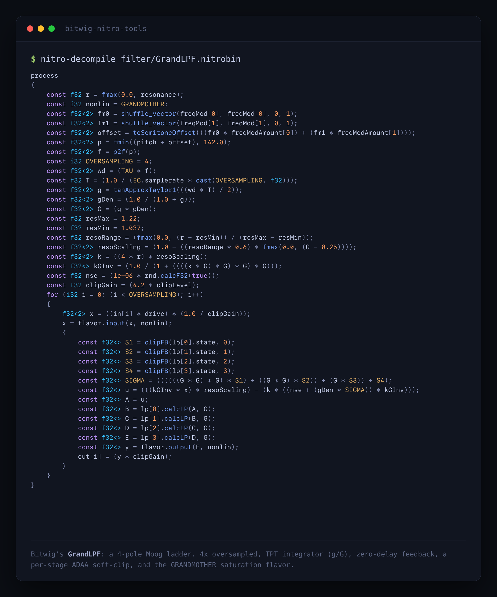 Bitwig's GrandLPF decompiled: a 4-pole Moog ladder