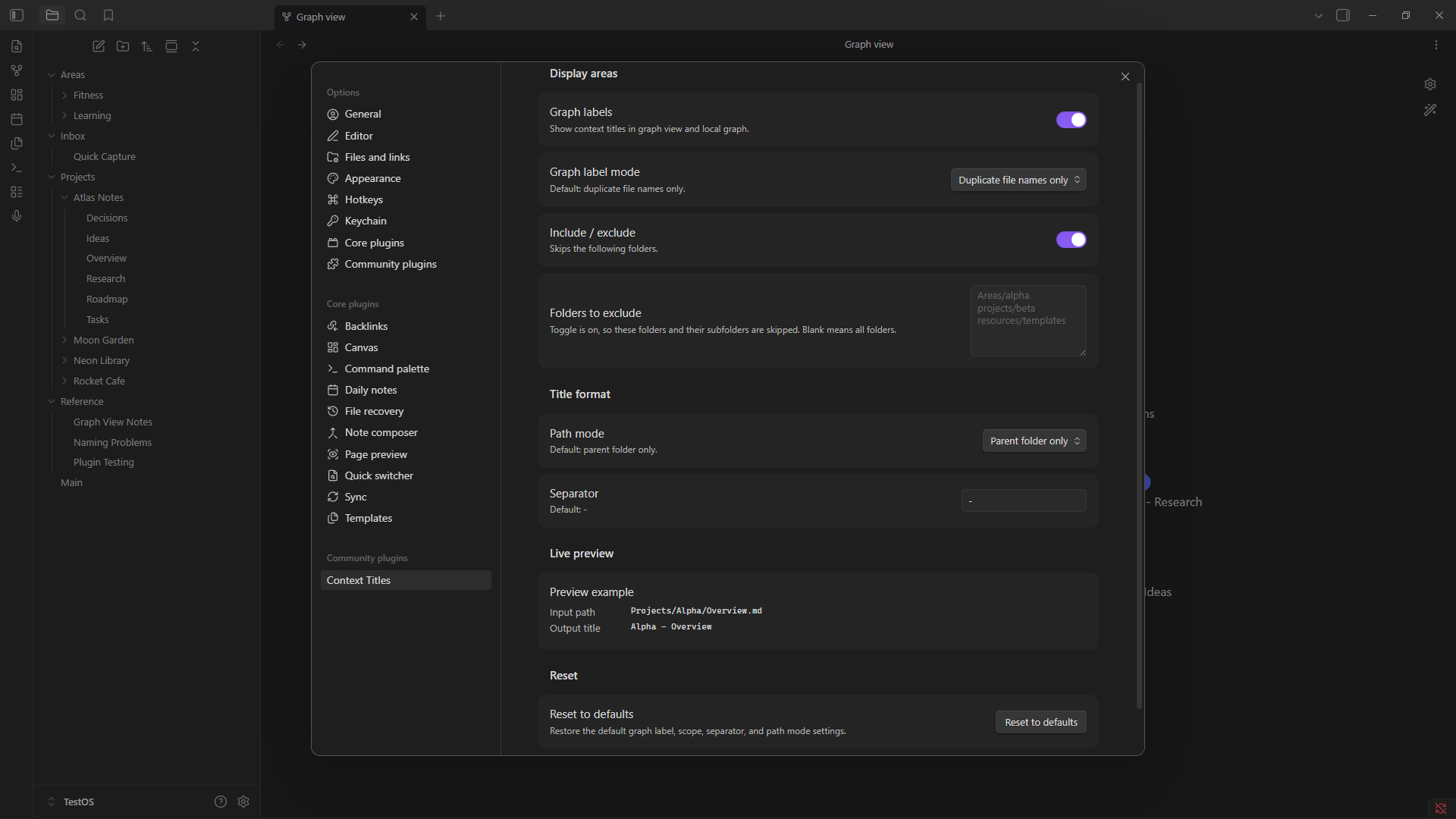 Context Titles settings