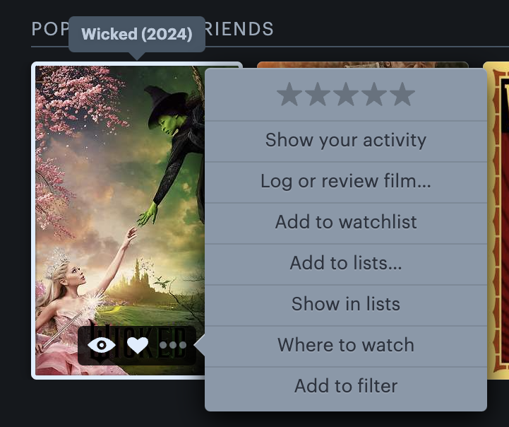Screenshot showing the kebab icon selected for a film on Letterboxd, displaying a popup modal with an option for 'Add to filter' for Filterboxd usage"