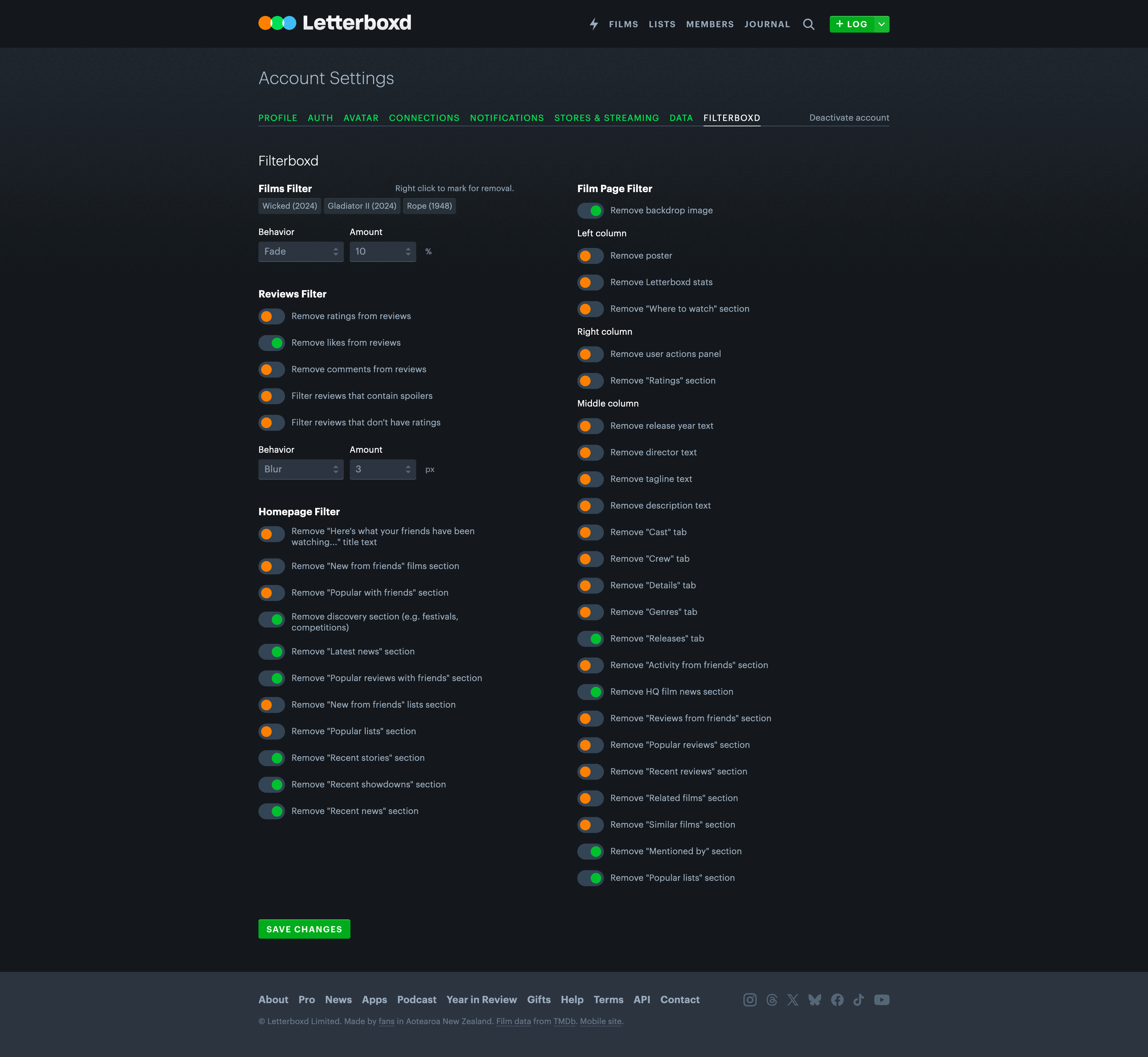 Screenshot showing the film page with the poster and backdrop image blurred and an option for 'Remove from filter' in the right sidebar for Filterboxd usage