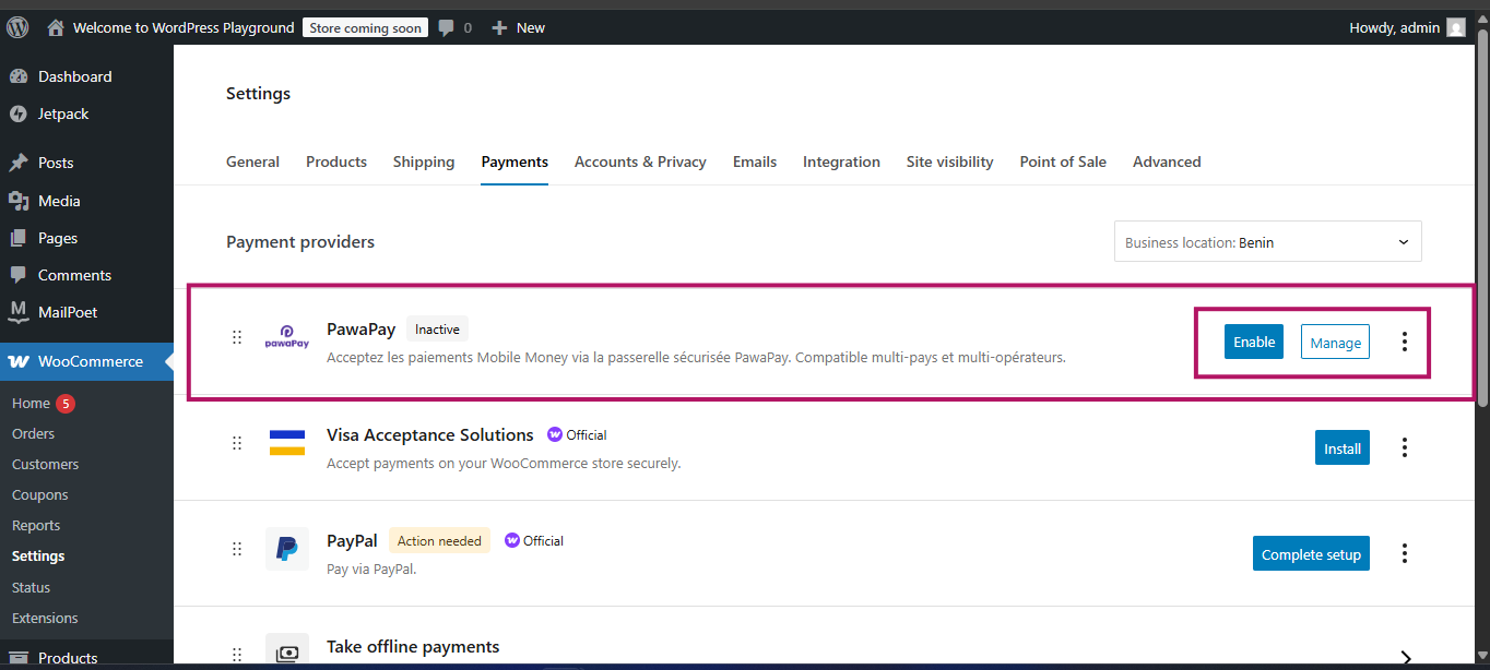 WooCommerce Payments Settings
