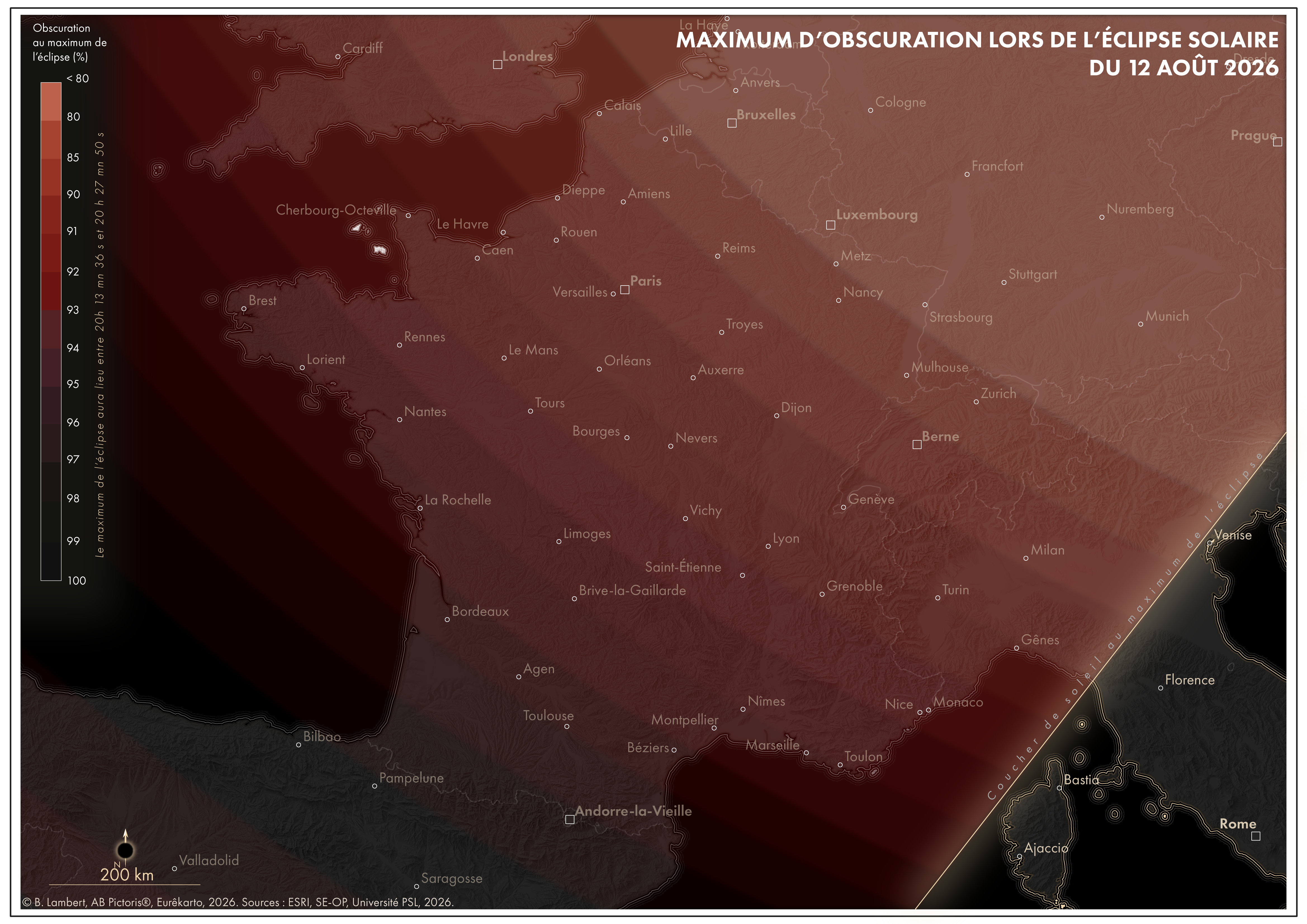 Carte du maximum d’obscuration de l’éclipse solaire du 12 août 2026 en France métropolitaine