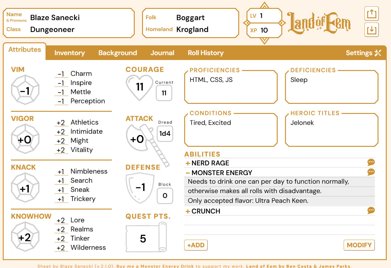 Land of Eem - Character Sheet header