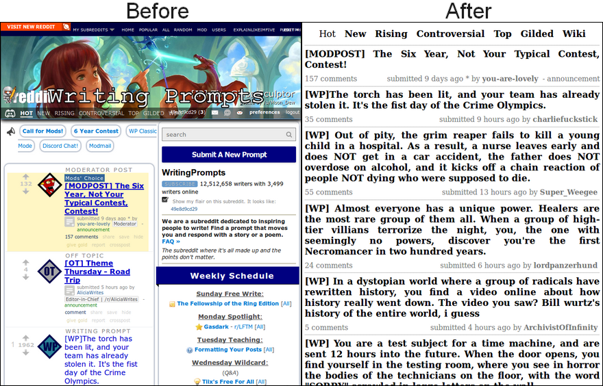 Main page screenshot - before & after