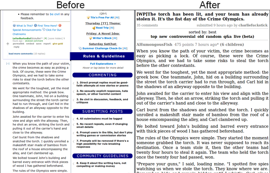 Story page screenshot - before & after