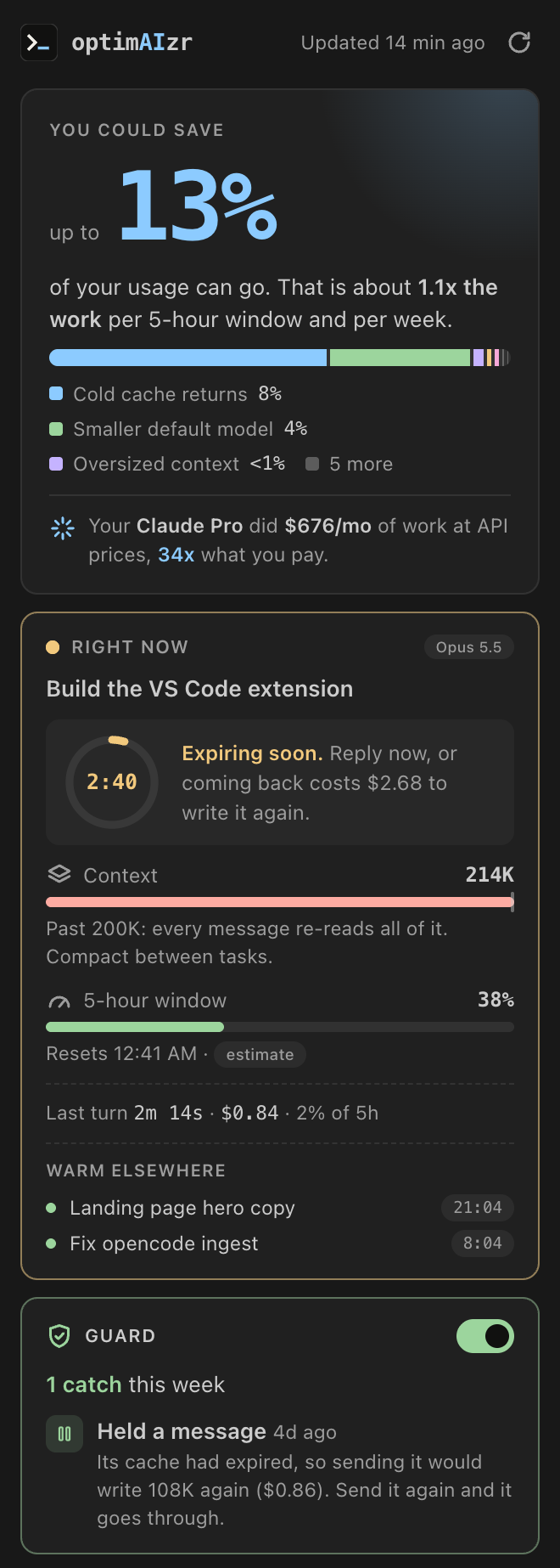 The optimAIzr sidebar: up to 13% to save, a cache expiring in 2:40, guard on