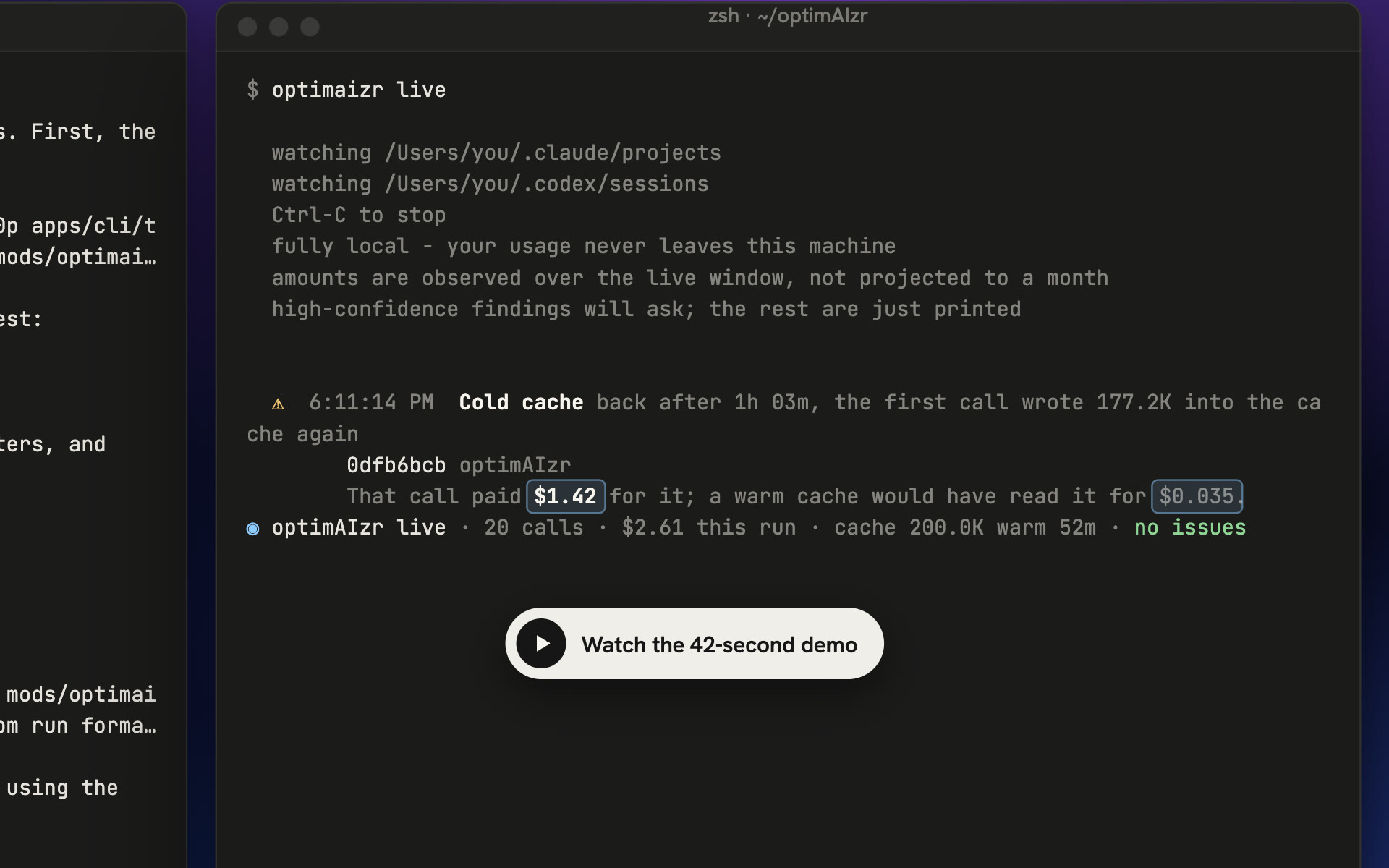 optimaizr live catching a cold cache return while Claude Code works. Click to watch the 42-second demo.