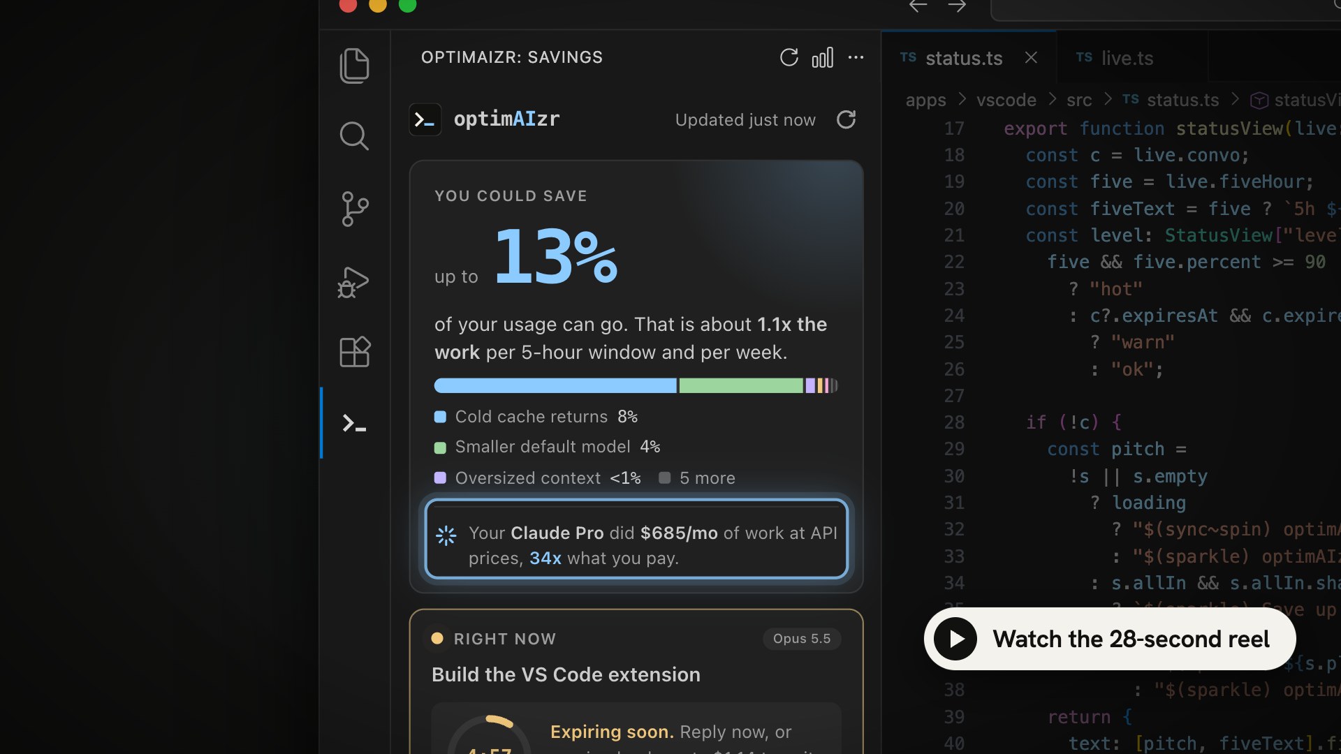 optimAIzr for VS Code in 28 seconds. Click to watch.