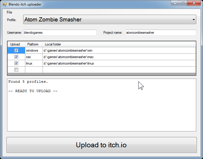 screenshot of Blendo itch uploader