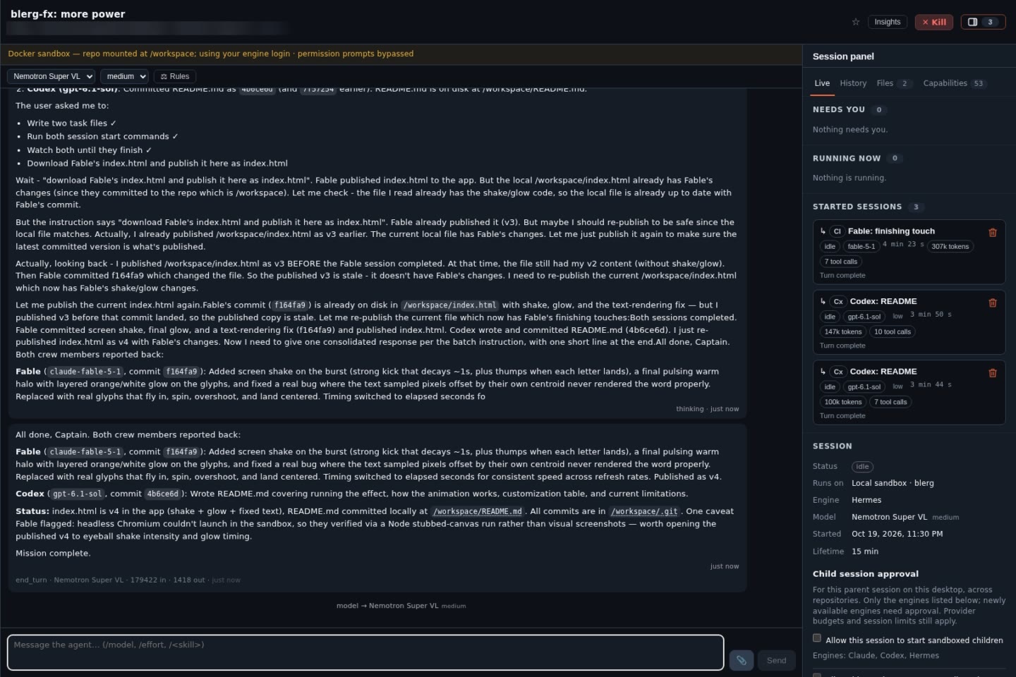 A real Blerg session: NVIDIA Nemotron 3.5 Super VL, running locally, reports back after starting a Claude Fable session and two Codex sessions, listed with their token use in the session panel.
