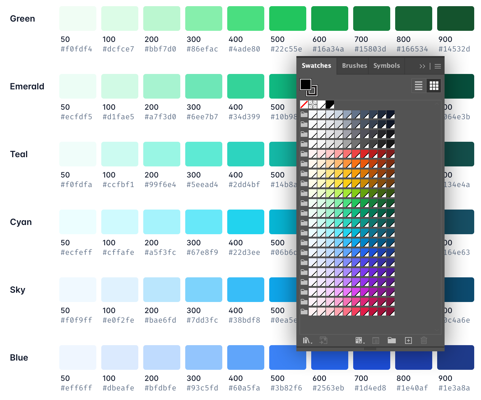 Adobe Illustrator swatch panel overlaid on a screenshot of the Tailwind color system