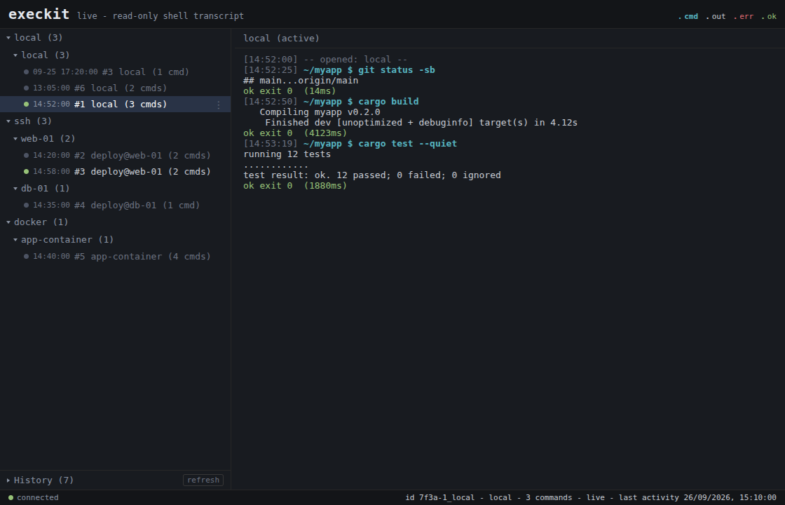 The execkit live viewer: sessions grouped by transport and host on the left, the selected session's timestamped shell transcript with exit codes and timings on the right