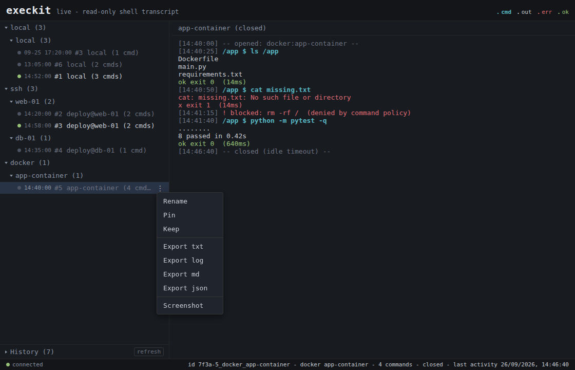 Per-session menu with rename, pin, keep, export and screenshot; the transcript shows a failed command and a command blocked by policy