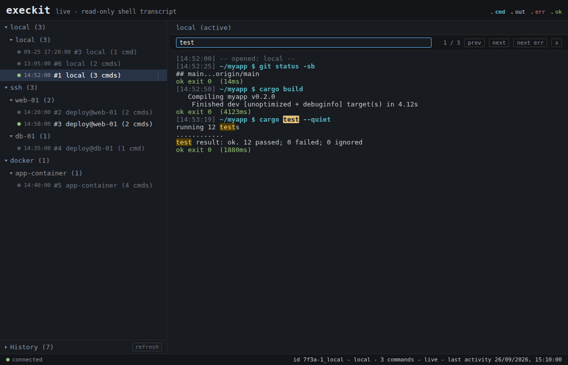 Transcript search with highlighted matches and a next-error button